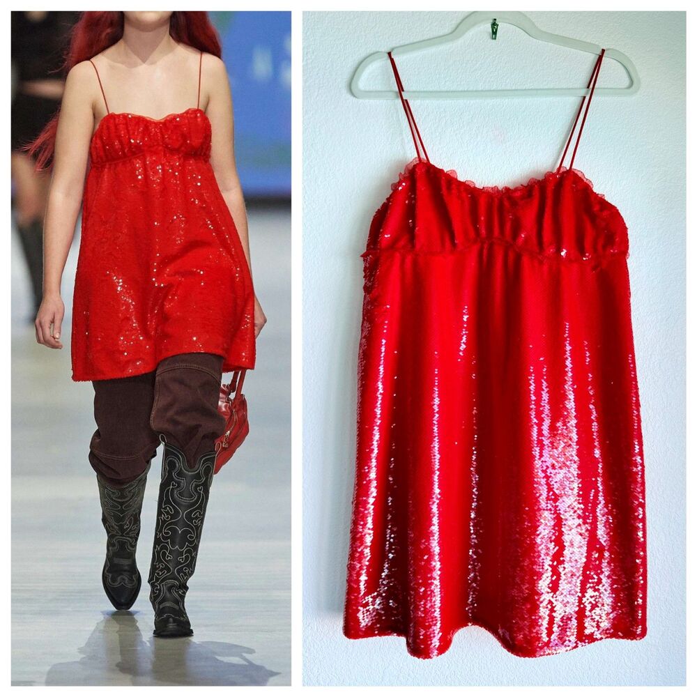 NWT GANNI Ruffle-Trimmed Sequined Crepe Mini Babydoll Dress in Red Sz 38 (US 6)